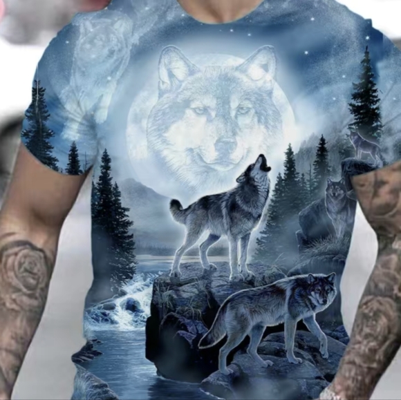 Men's Wolf Print T-Shirt 3-D Digital SS Moisture Wicking Medium (38) NWT - Picture 1 of 7